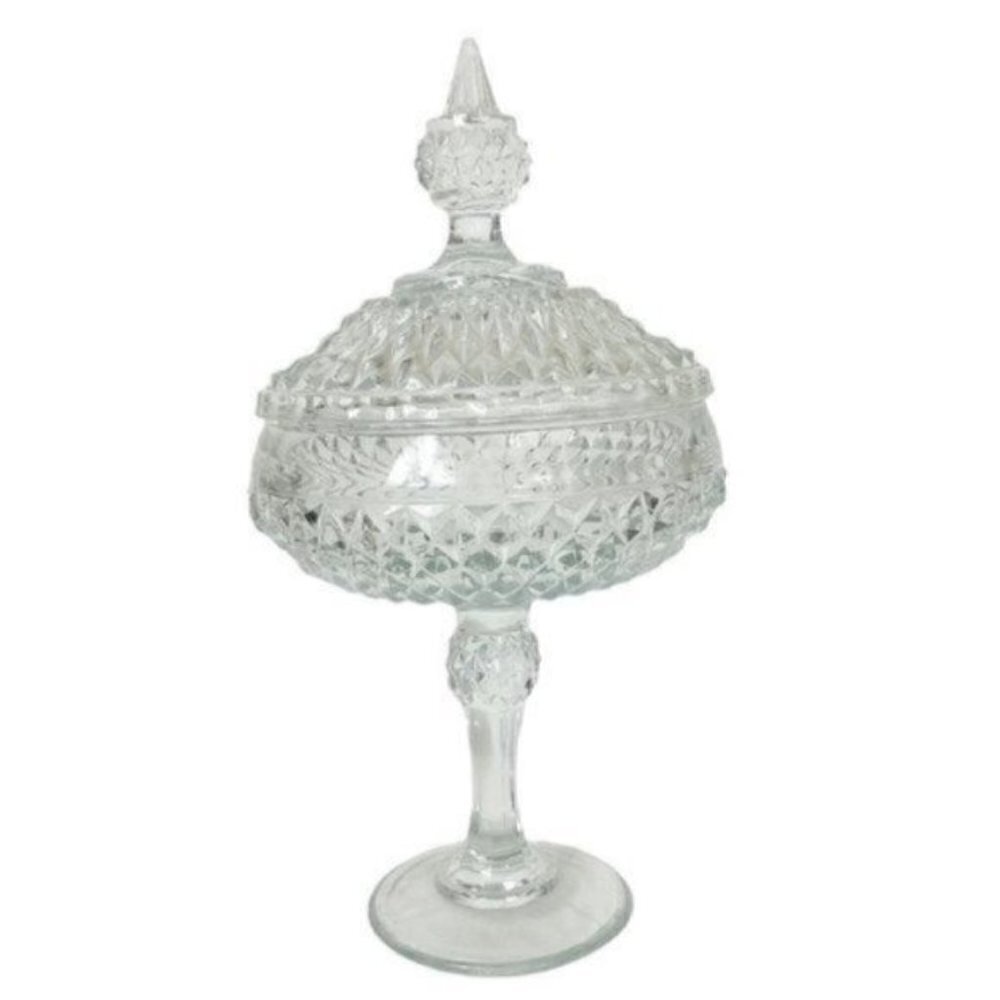 Vintage Indiana glass Diamond point large candy pedestal Dish with lid 12” tall
